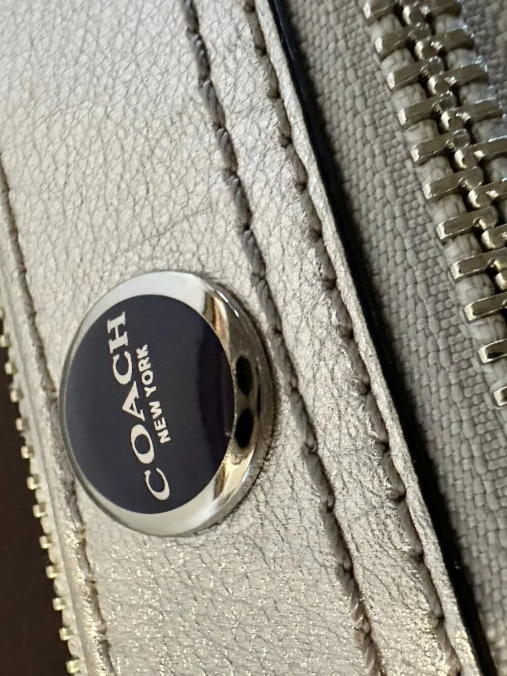 Coach Metallic Silver Leather/Canvas Patchwork Zip Wallet Wristlet Blue White